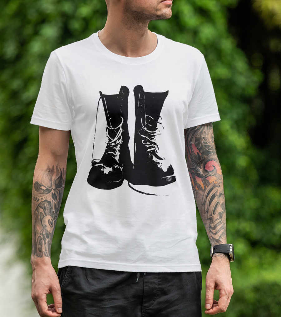 Punk Rock Combat Boots Graphic Symbolizing Bold Rebellion T-Shirt