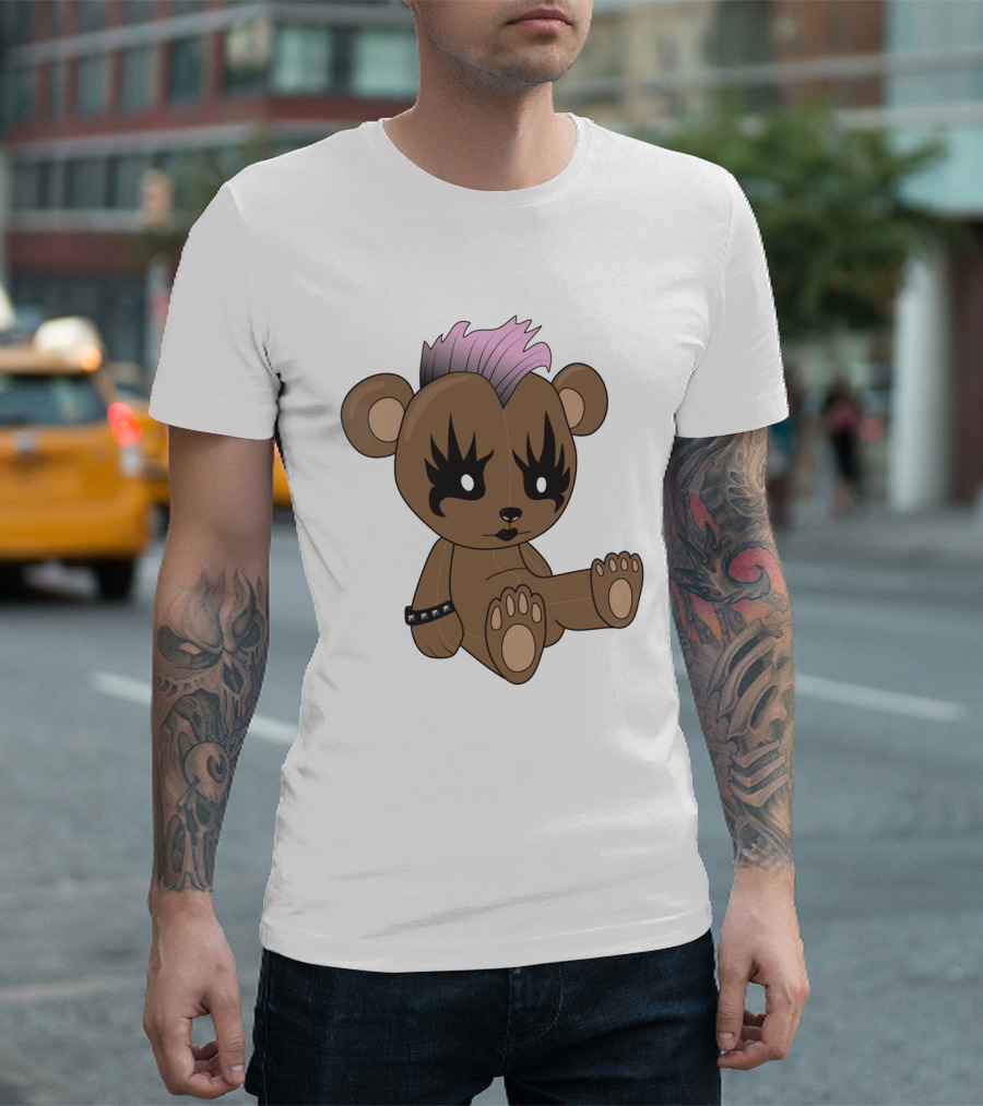 KISS-Inspired Punk Rock Teddy Bear with Spiked Hair and Studded Bracelet T-Shirt