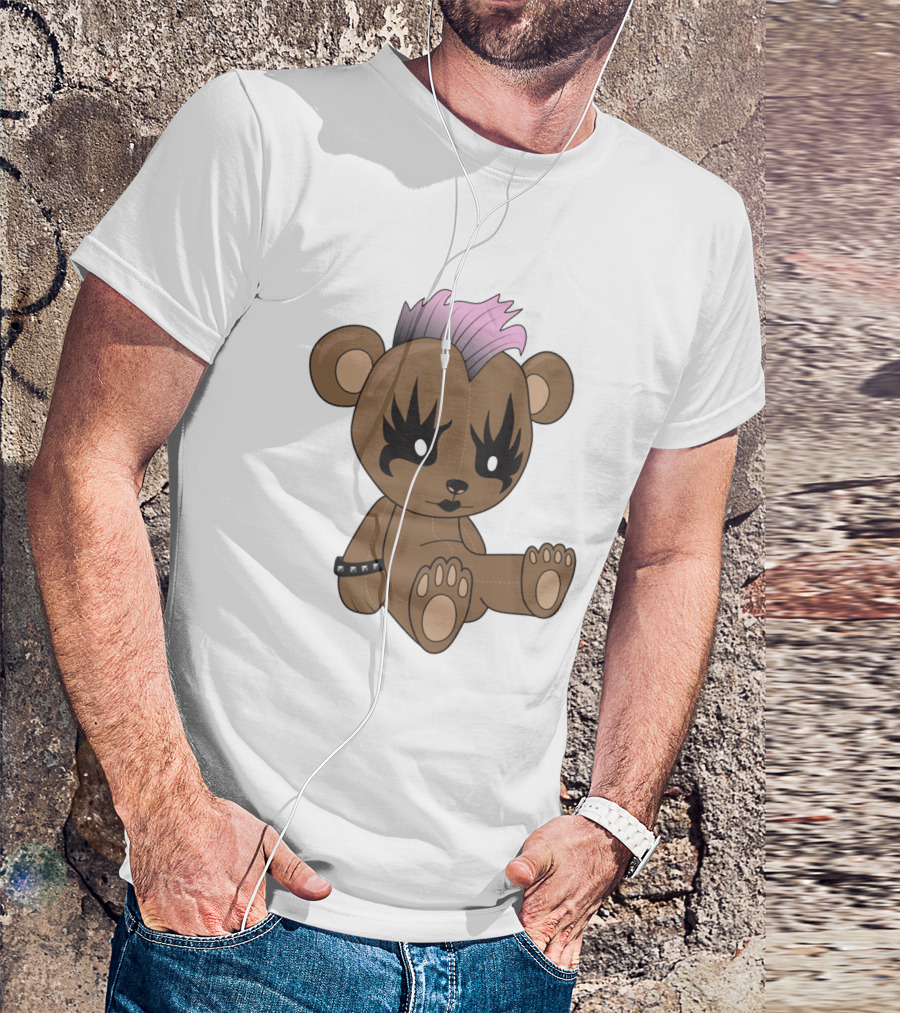 KISS-Inspired Punk Rock Teddy Bear With Spiked Hair And Studded Bracelet T-Shirt