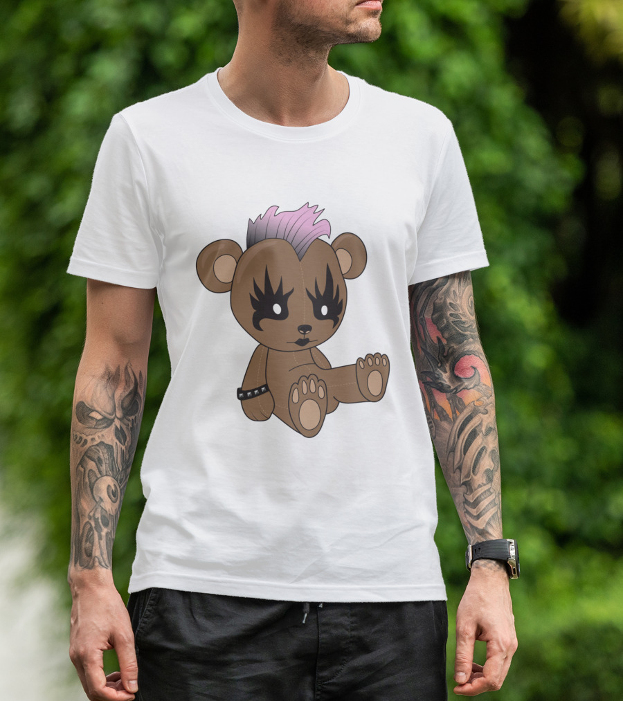 KISS-Inspired Punk Rock Teddy Bear With Spiked Hair And Studded Bracelet T-Shirt