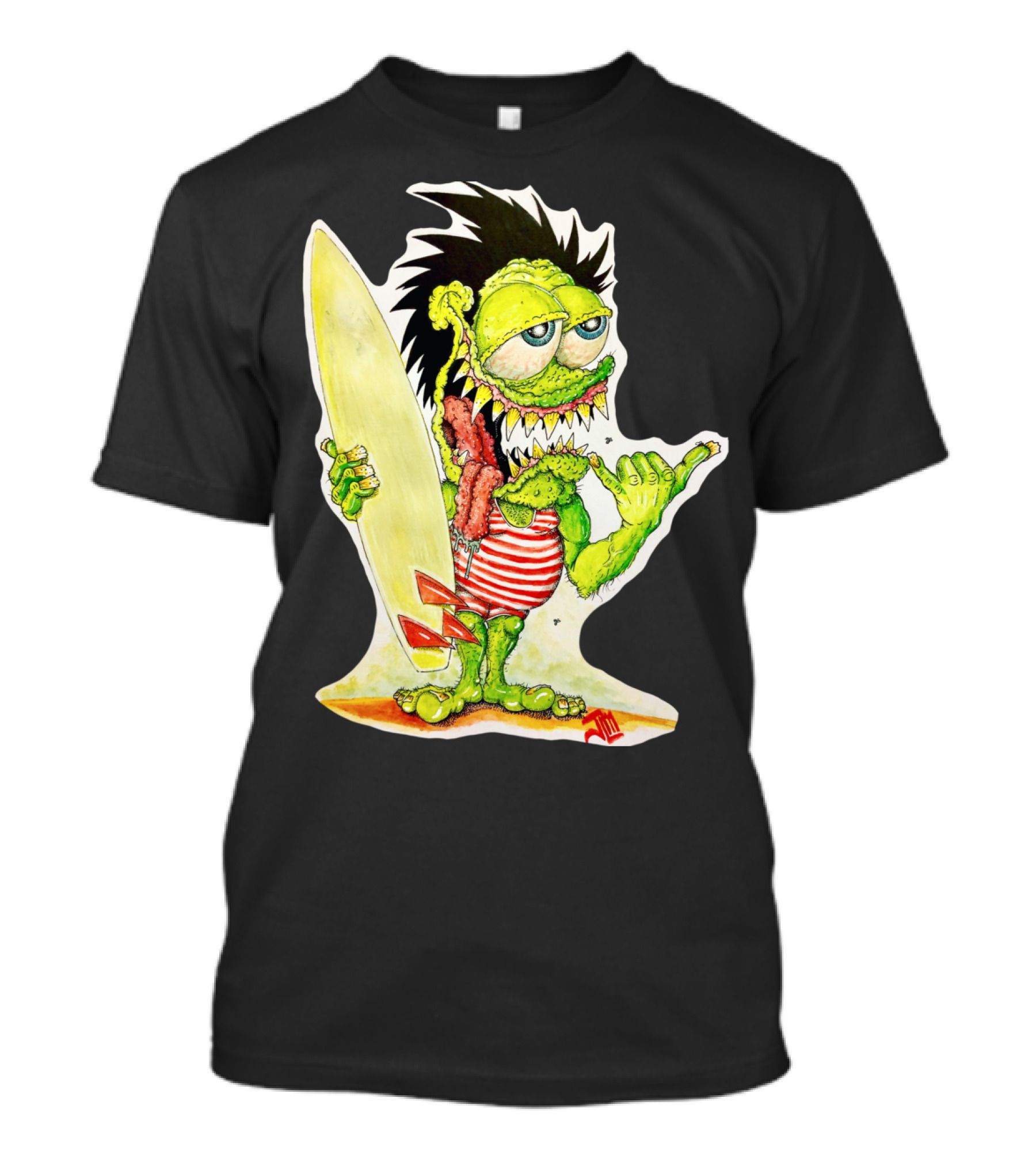 Surfer Punk Willy Monster With Spiked Hair And Striped Shirt Eating Meat Stick Holding Surfboard And Making Shaka Sign T-Shirt