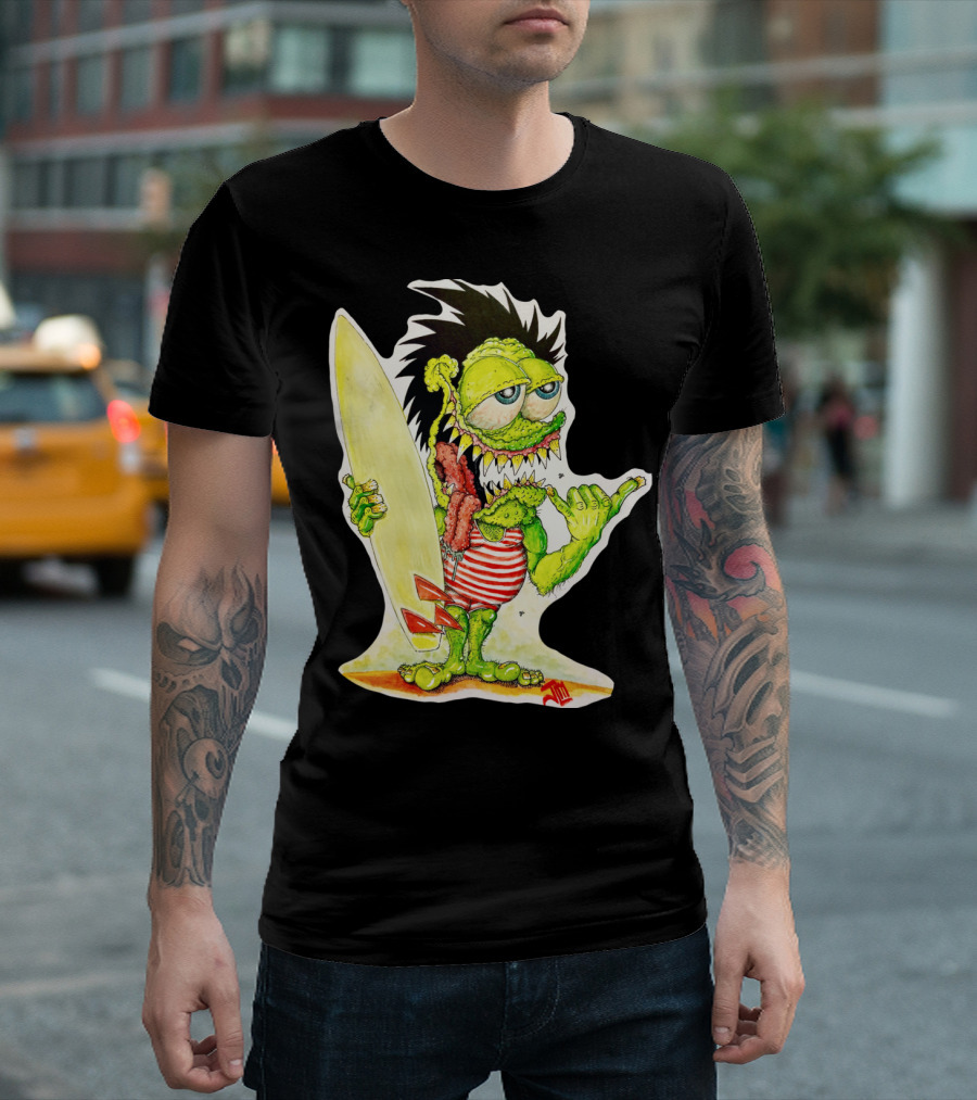 Surfer Punk Willy Monster with Spiked Hair and Striped Shirt Eating Meat Stick Holding Surfboard and Making Shaka Sign T-Shirt