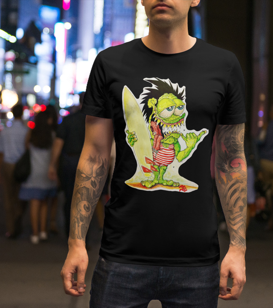Surfer Punk Willy Monster With Spiked Hair And Striped Shirt Eating Meat Stick Holding Surfboard And Making Shaka Sign T-Shirt