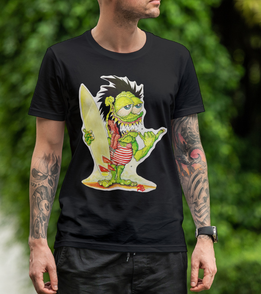 Surfer Punk Willy Monster With Spiked Hair And Striped Shirt Eating Meat Stick Holding Surfboard And Making Shaka Sign T-Shirt