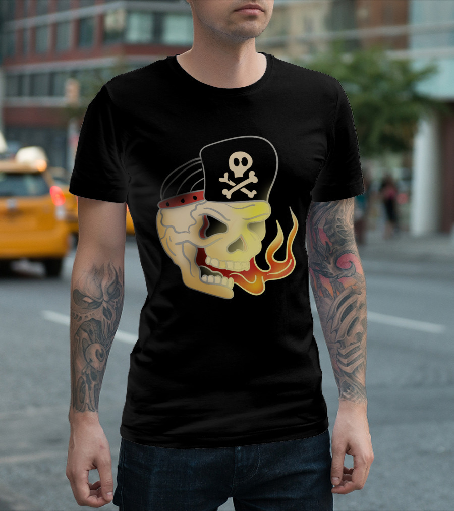 Skull Skate Punk Flaming Pirate Skull with Crossbones Hat T-Shirt