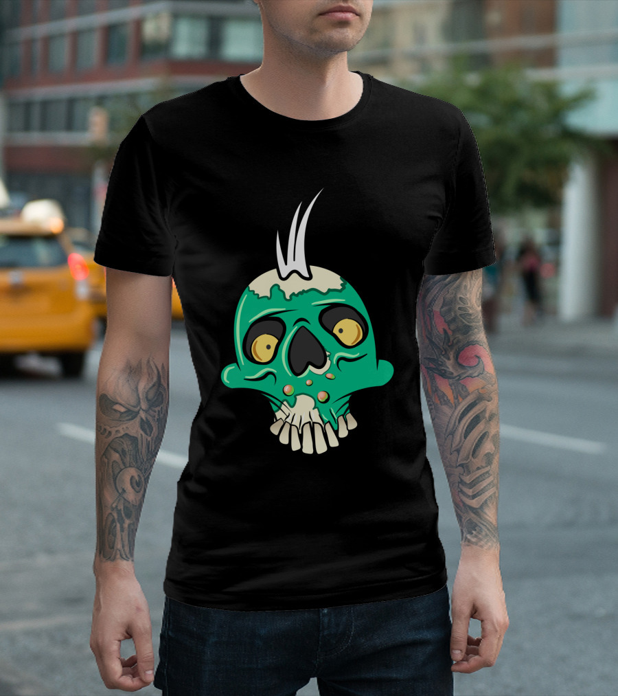 Donnie Damage Green Zombie Skull with White Mohawk Punk T-Shirt