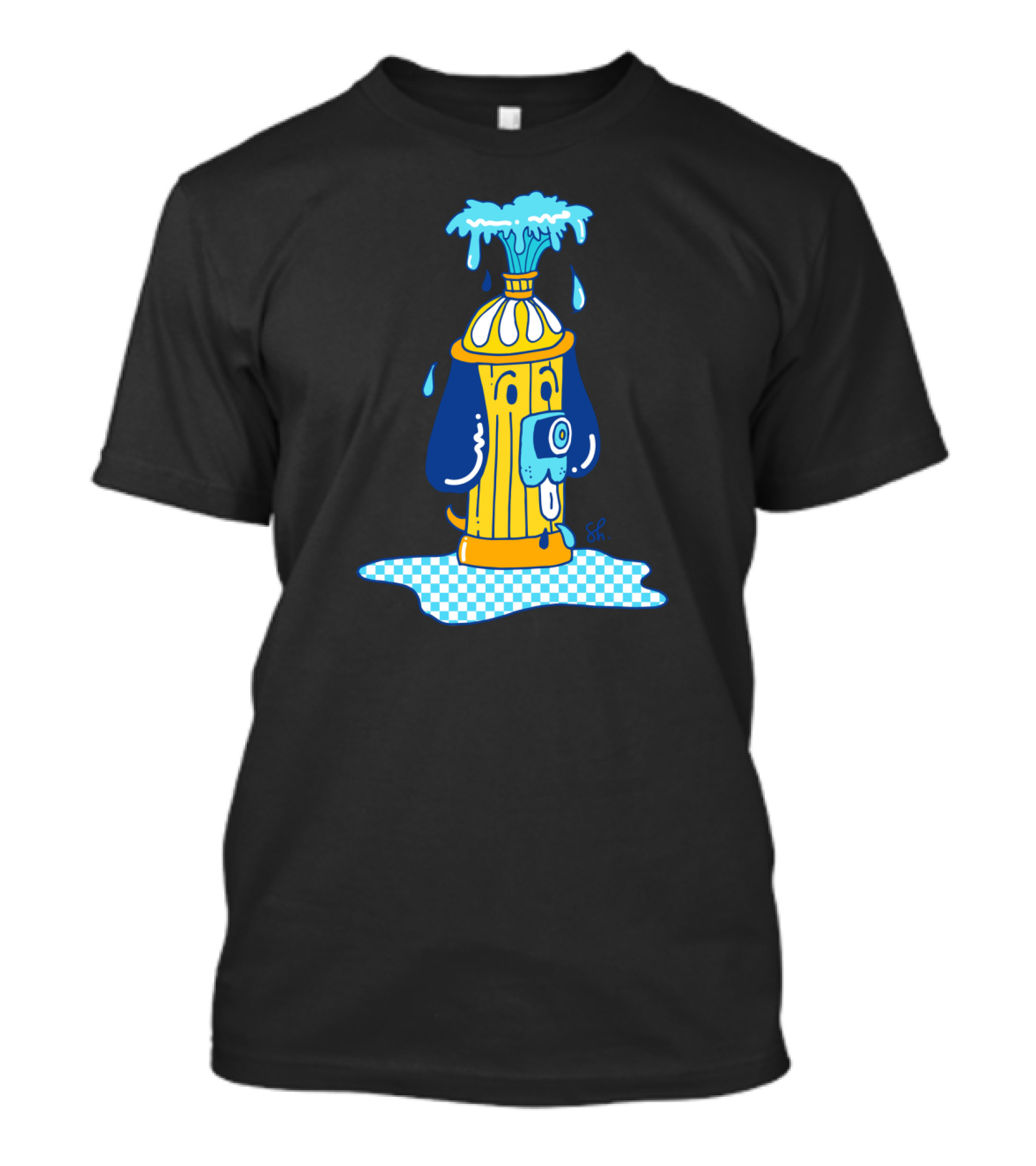 Woof Woof Dog Hydrant With Splashing Water And Blue Patchwork T-Shirt