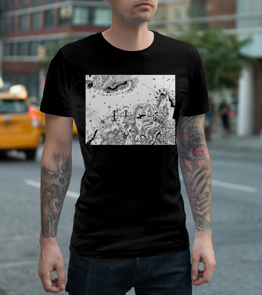 City of Serendipity Surreal Doodle with Bridge and Abstract T-Shirt