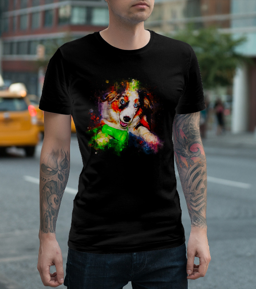 Australian Shepherd Aussie Dog Puppy Vibrant Splatter Watercolor T-Shirt