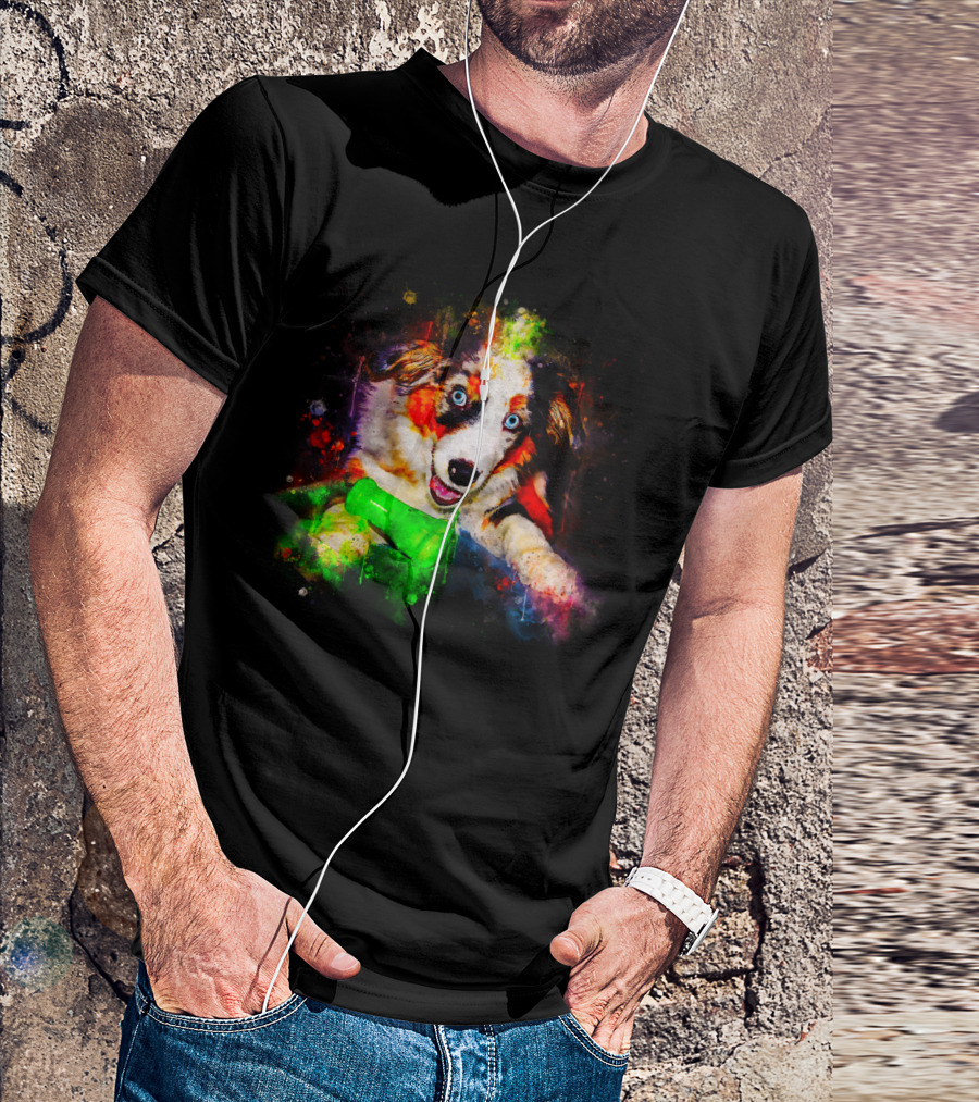 Australian Shepherd Aussie Dog Puppy Vibrant Splatter Watercolor T-Shirt