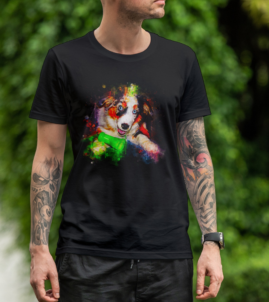 Australian Shepherd Aussie Dog Puppy Vibrant Splatter Watercolor T-Shirt
