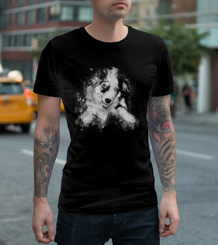 Australian Shepherd Puppy in Black White Watercolor Splatter T-Shirt