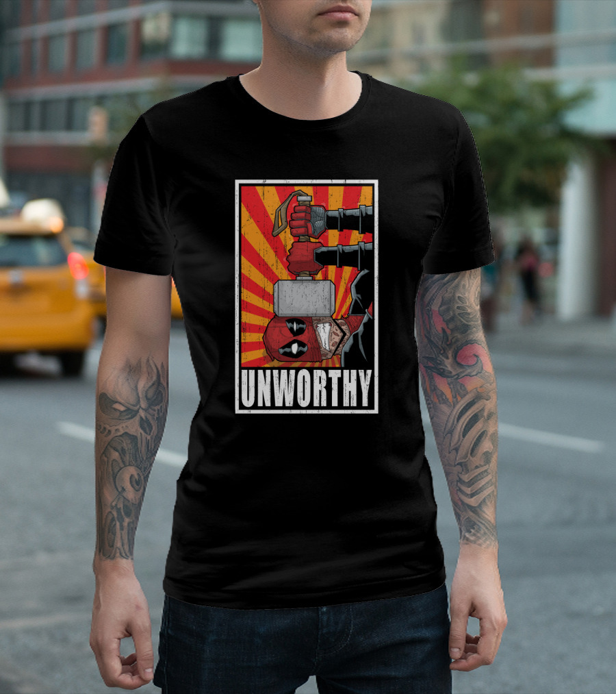 Deadpool Holding Thor's Hammer Unworthy T-Shirt