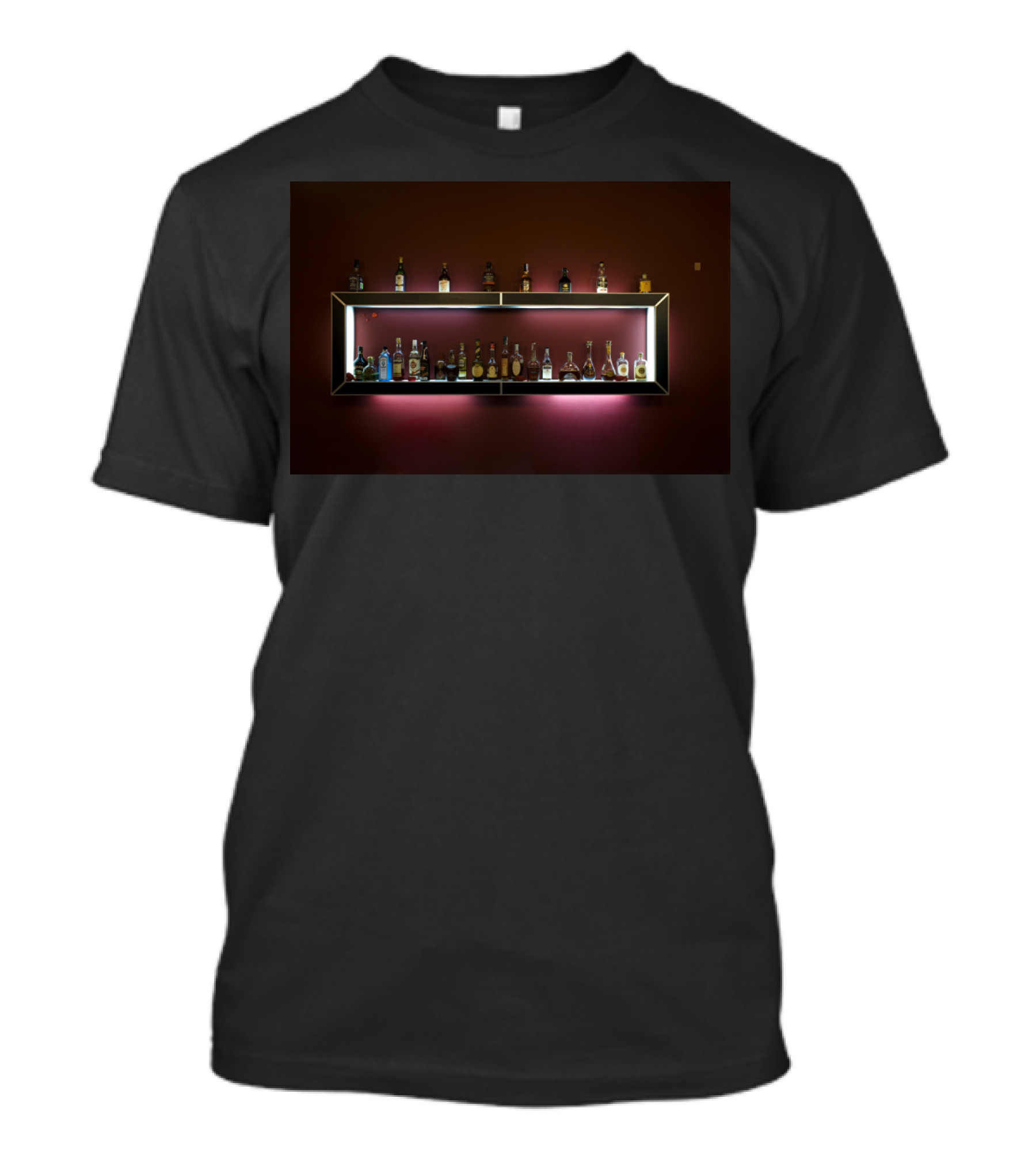 Lounge Shelf Backlit Liquor Display With Assorted Bottles T-Shirt