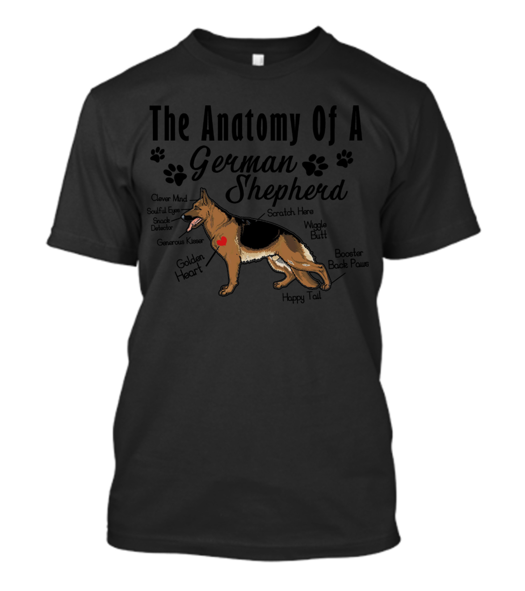 The Anatomy Of A German Shepherd: Clever Mind, Soulful Eyes, Snack Detector, Generous Kisser, Golden Heart, Scratch Here, Wiggle Butt, Happy Tail, Booster Back Paws T-Shirt