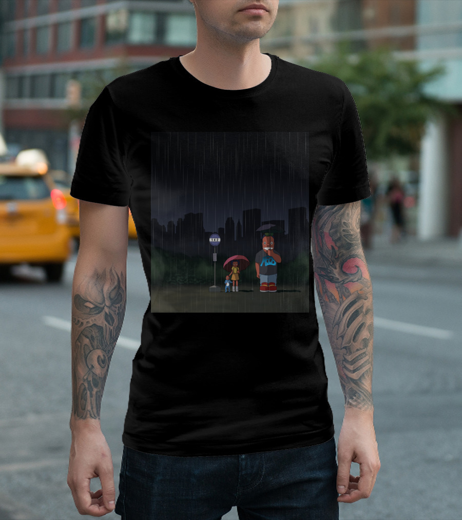 Totoro Bus Stop Scene with Futurama Bender and Umbrellas in the Rain T-Shirt