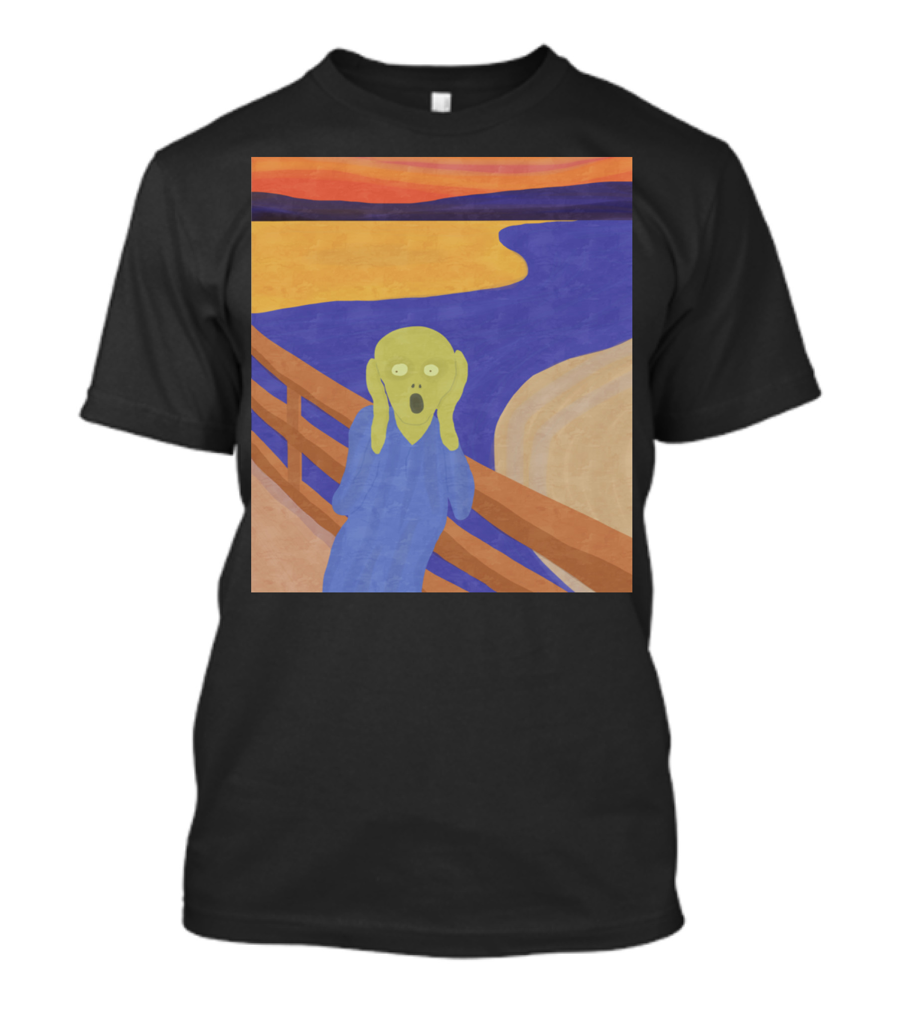 Edvard Munch Scream Parody Green Alien Bridge Sunset Ocean T-Shirt