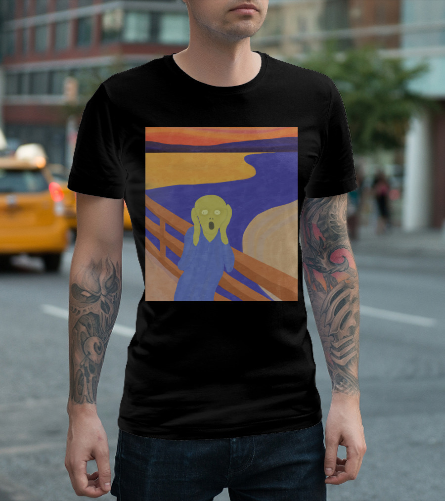 Edvard Munch Scream Parody Green Alien Bridge Sunset Ocean T-Shirt