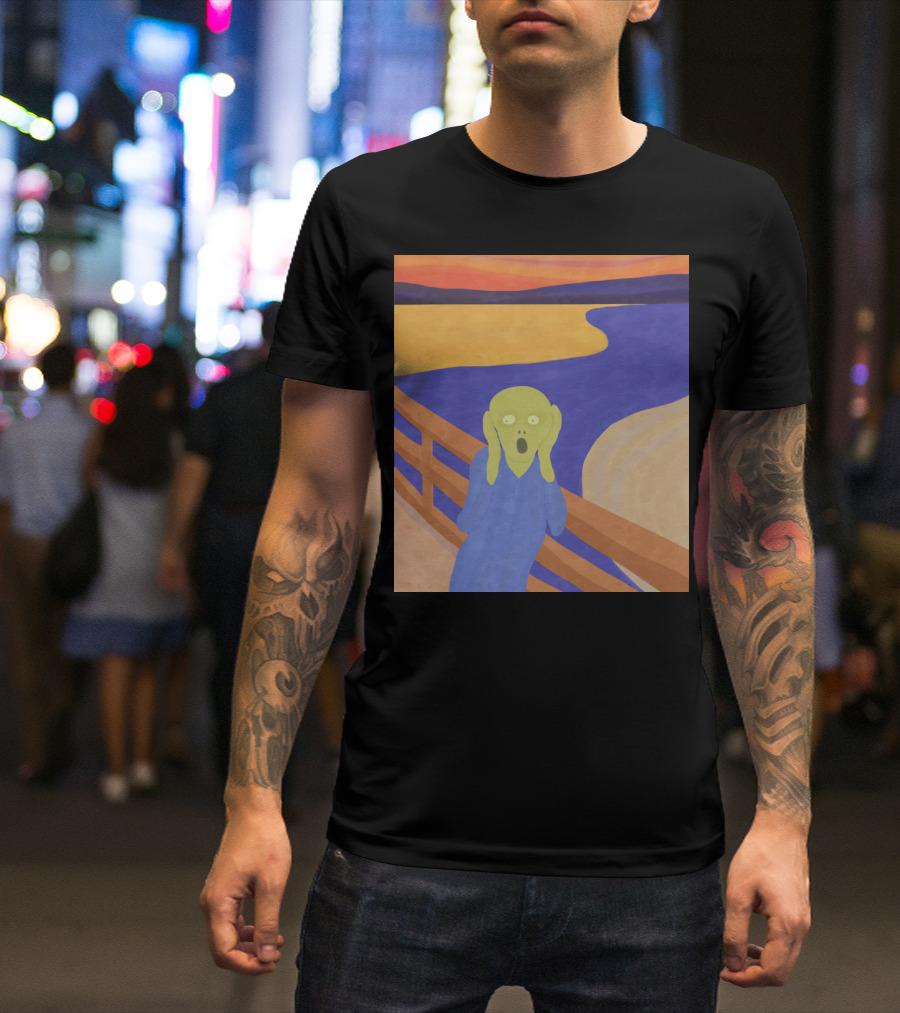 Edvard Munch Scream Parody Green Alien Bridge Sunset Ocean T-Shirt