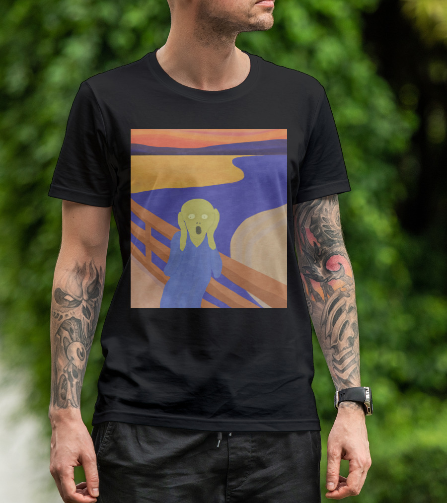 Edvard Munch Scream Parody Green Alien Bridge Sunset Ocean T-Shirt