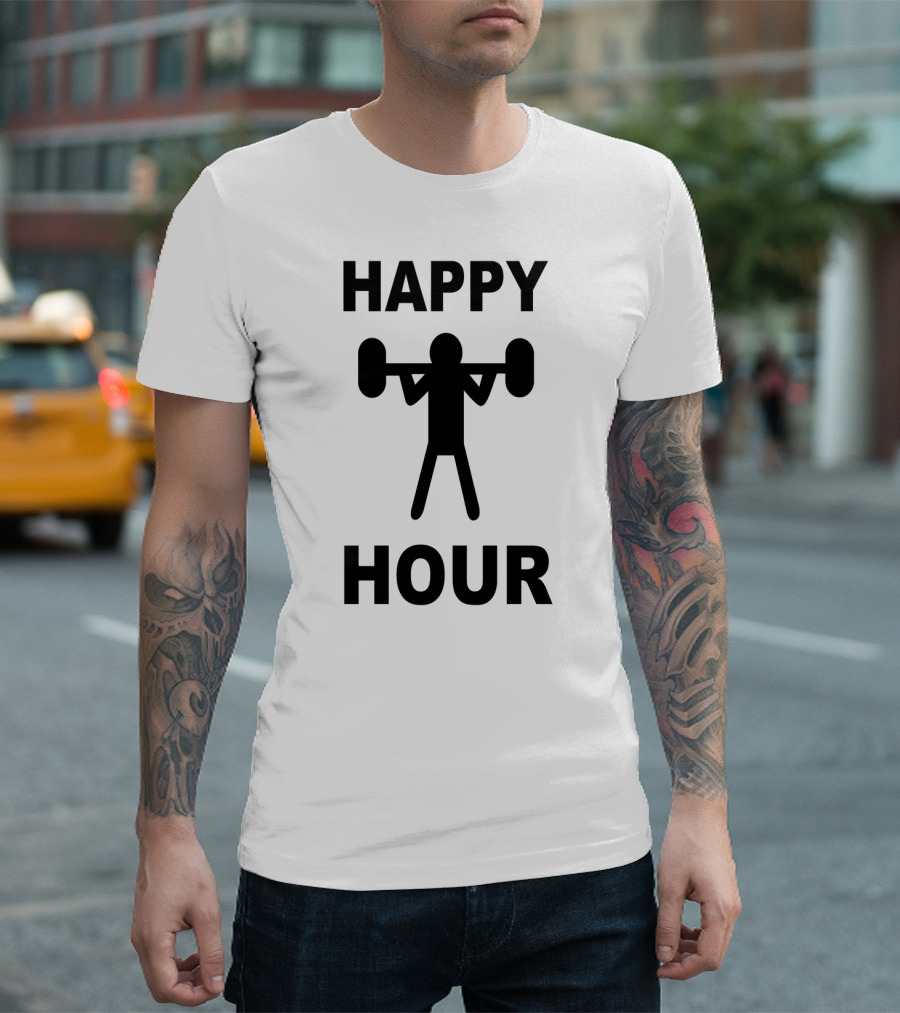 Happy Hour Weightlifting Stick Figure Silhouette Fitness T-Shirt