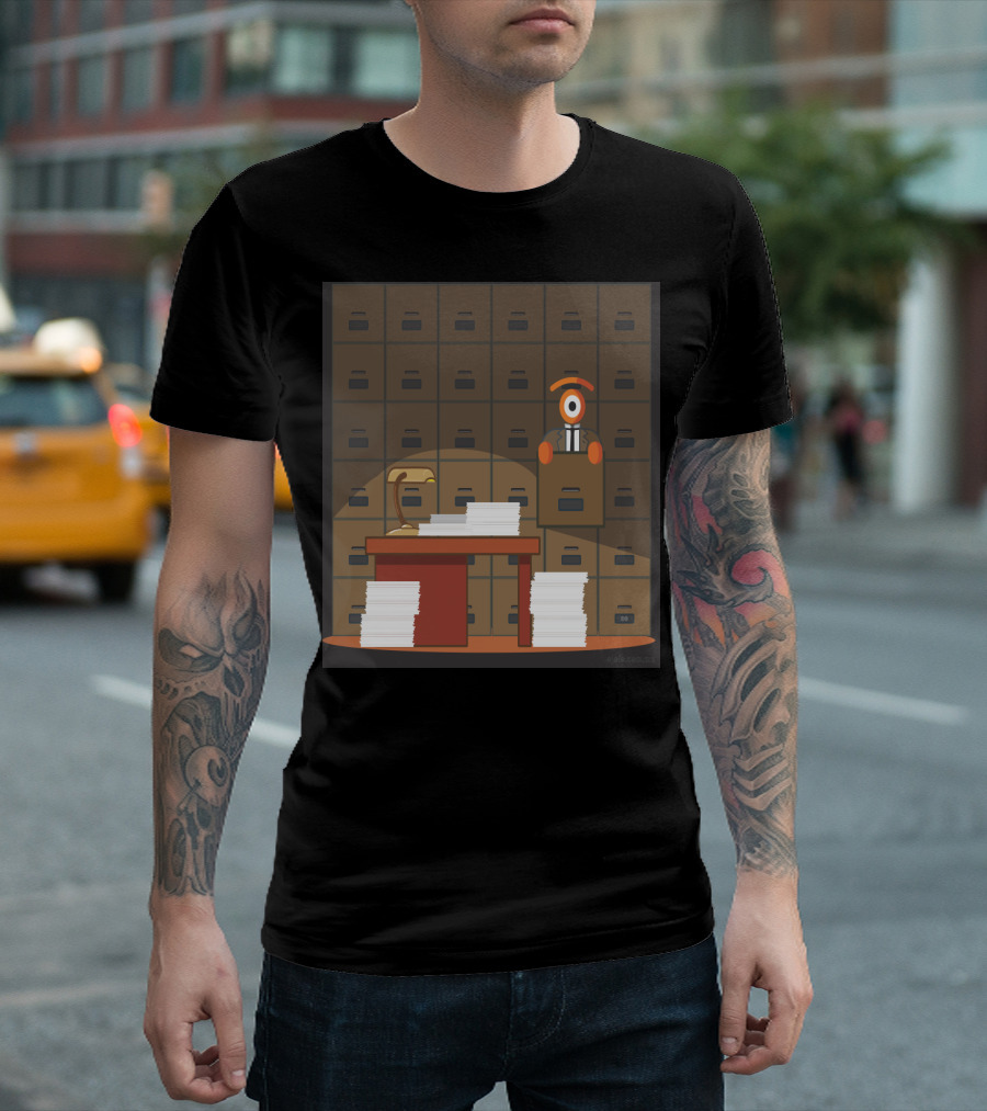 Lost in the Process: Stacked Papers and Filing Cabinet Creature in Office Setting T-Shirt