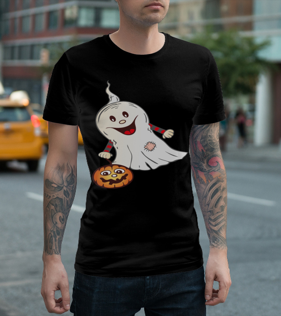 Cheerful Halloween Ghost With Smiling Pumpkin T-Shirt