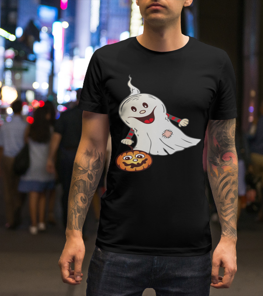 Cheerful Halloween Ghost With Smiling Pumpkin T-Shirt