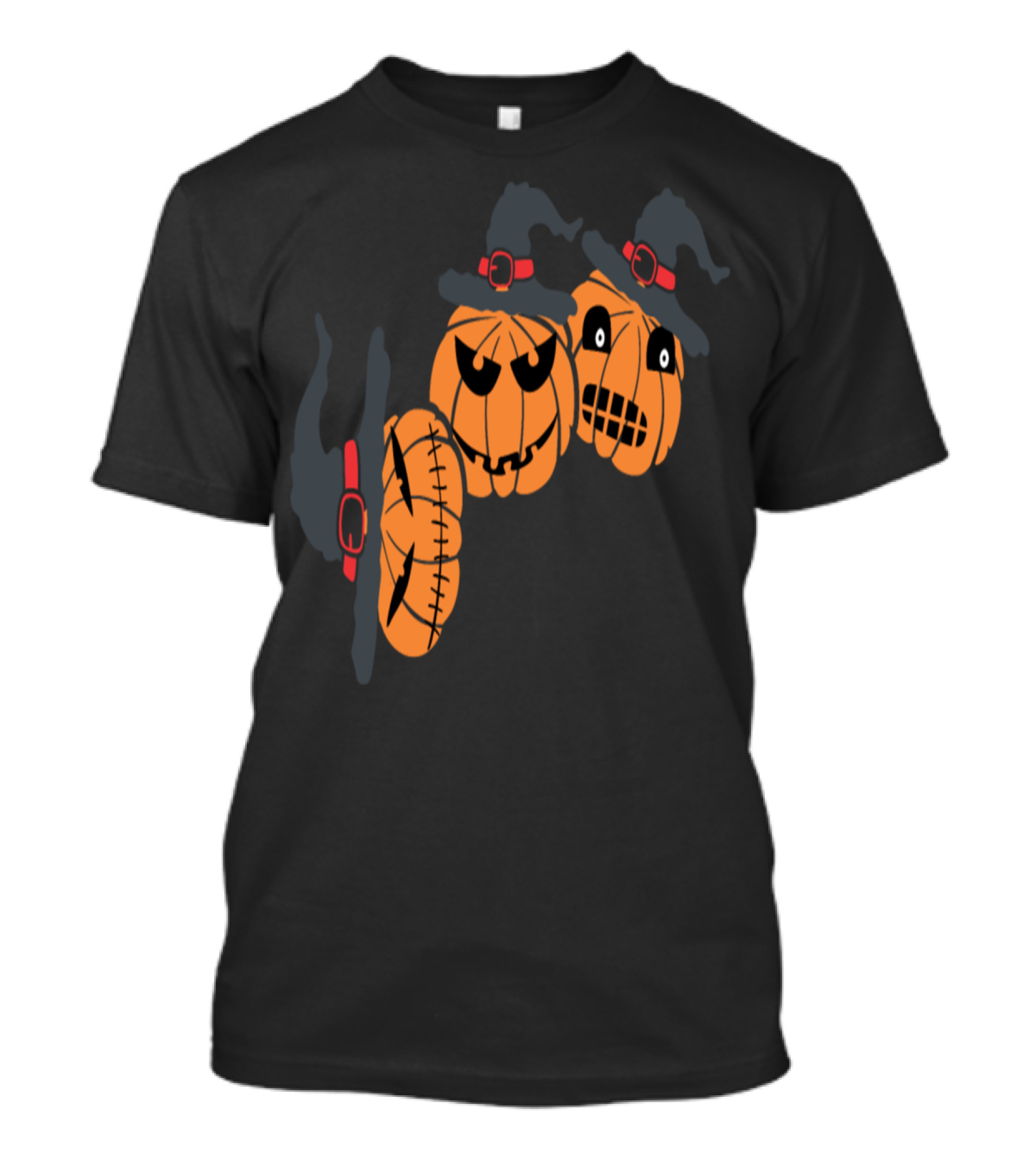 Spooky Pumpkin Trio With Witch Hats And Eerie Faces T-Shirt