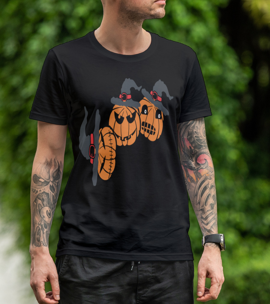 Spooky Pumpkin Trio With Witch Hats And Eerie Faces T-Shirt