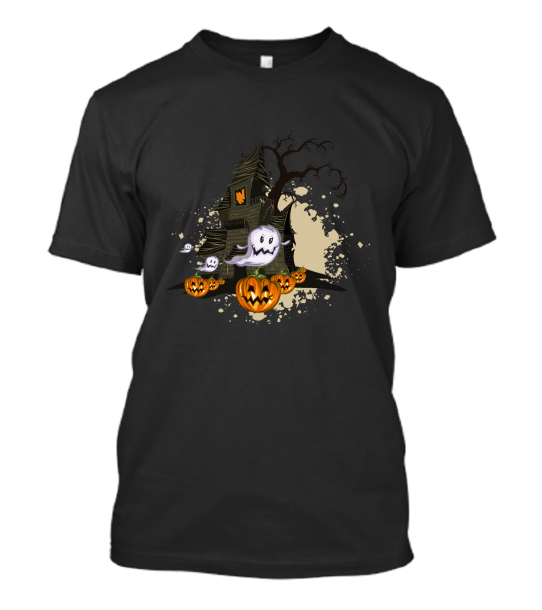 Haunted Ghost House With Pumpkins And Spooky Tree T-Shirt