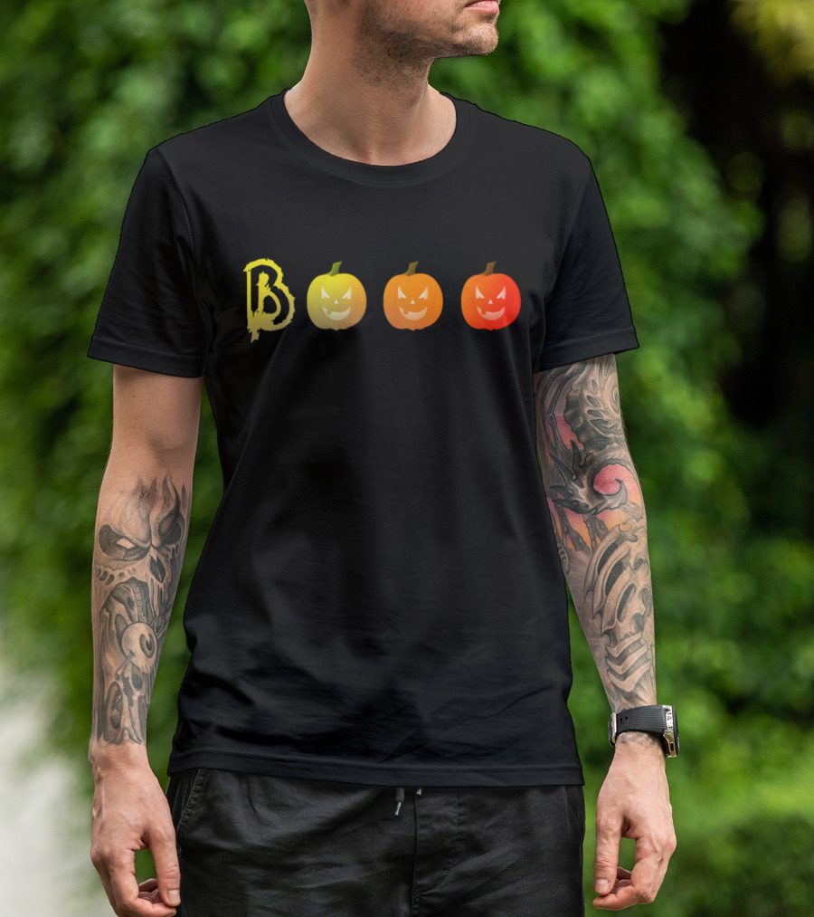 BOOO With Yellow To Red Gradient Pumpkins Halloween T-Shirt