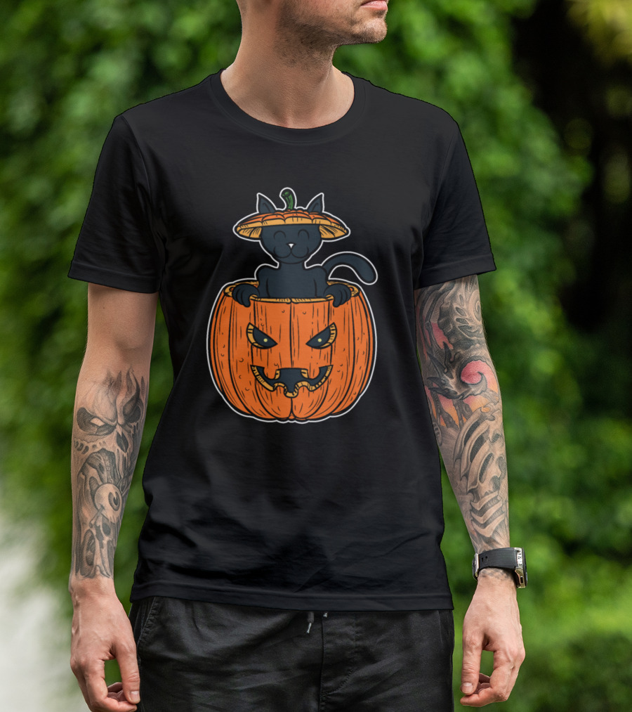 Black Cat Popping Out Of Jack-O'-Lantern T-Shirt