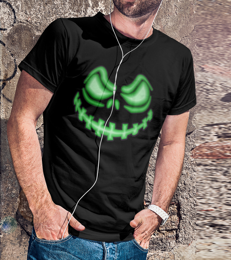 Green Glowing Halloween Pumpkin Face T-Shirt