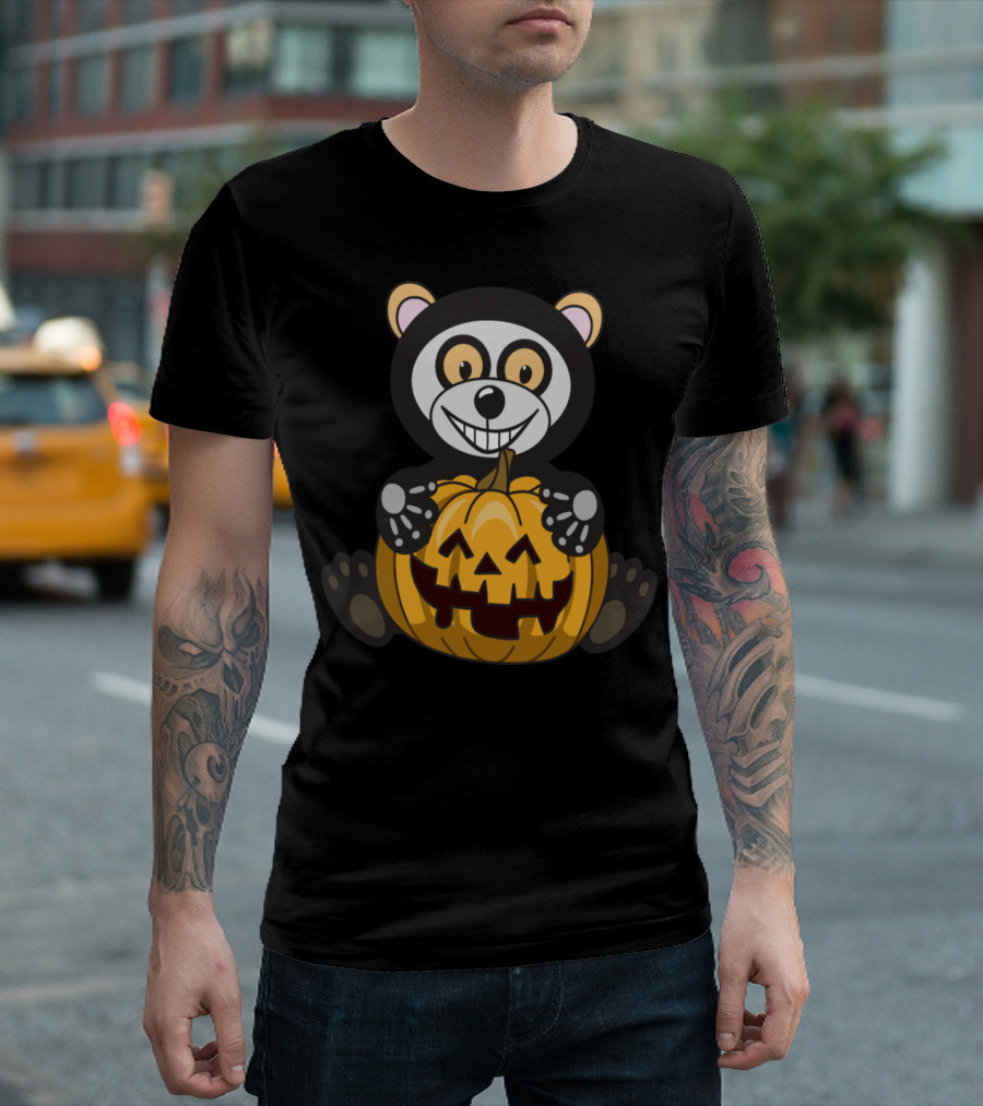 Smiling Panda Bear with Jack-o'-Lantern Halloween-Style T-Shirt