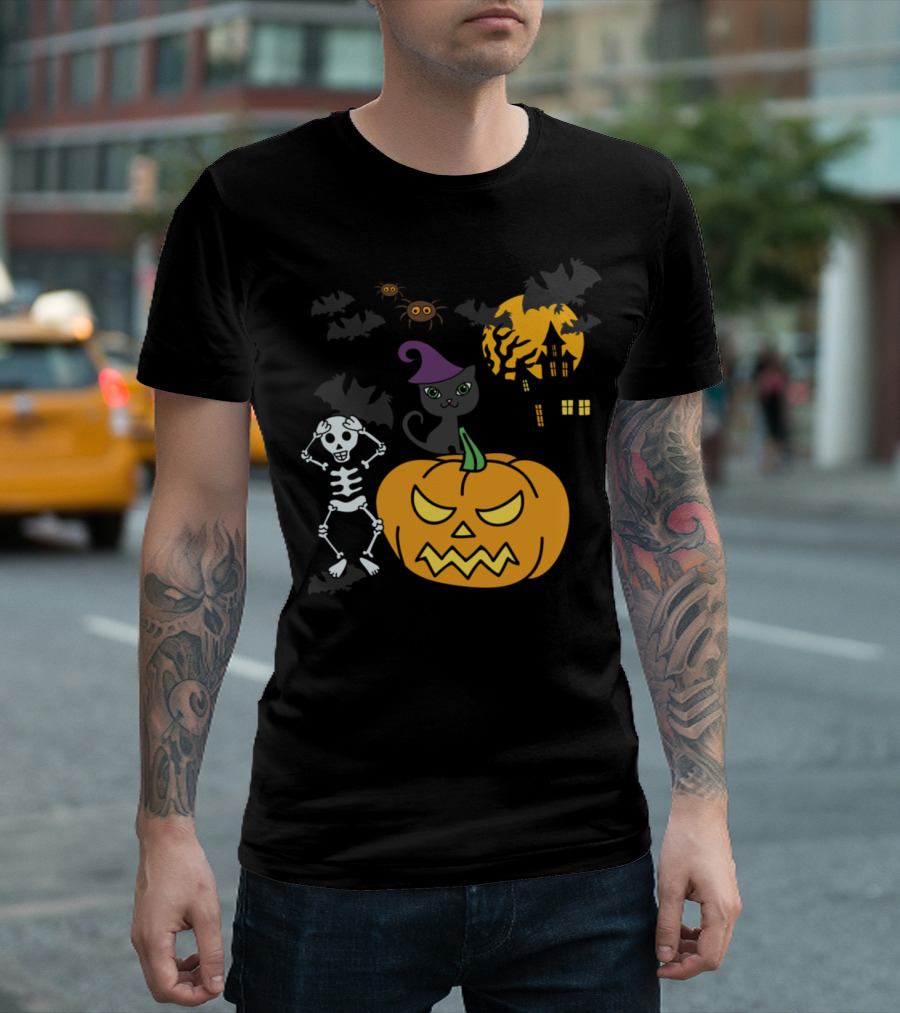Haunted Halloween Night with Skeleton, Black Cat, and Jack-O'-Lantern T-Shirt