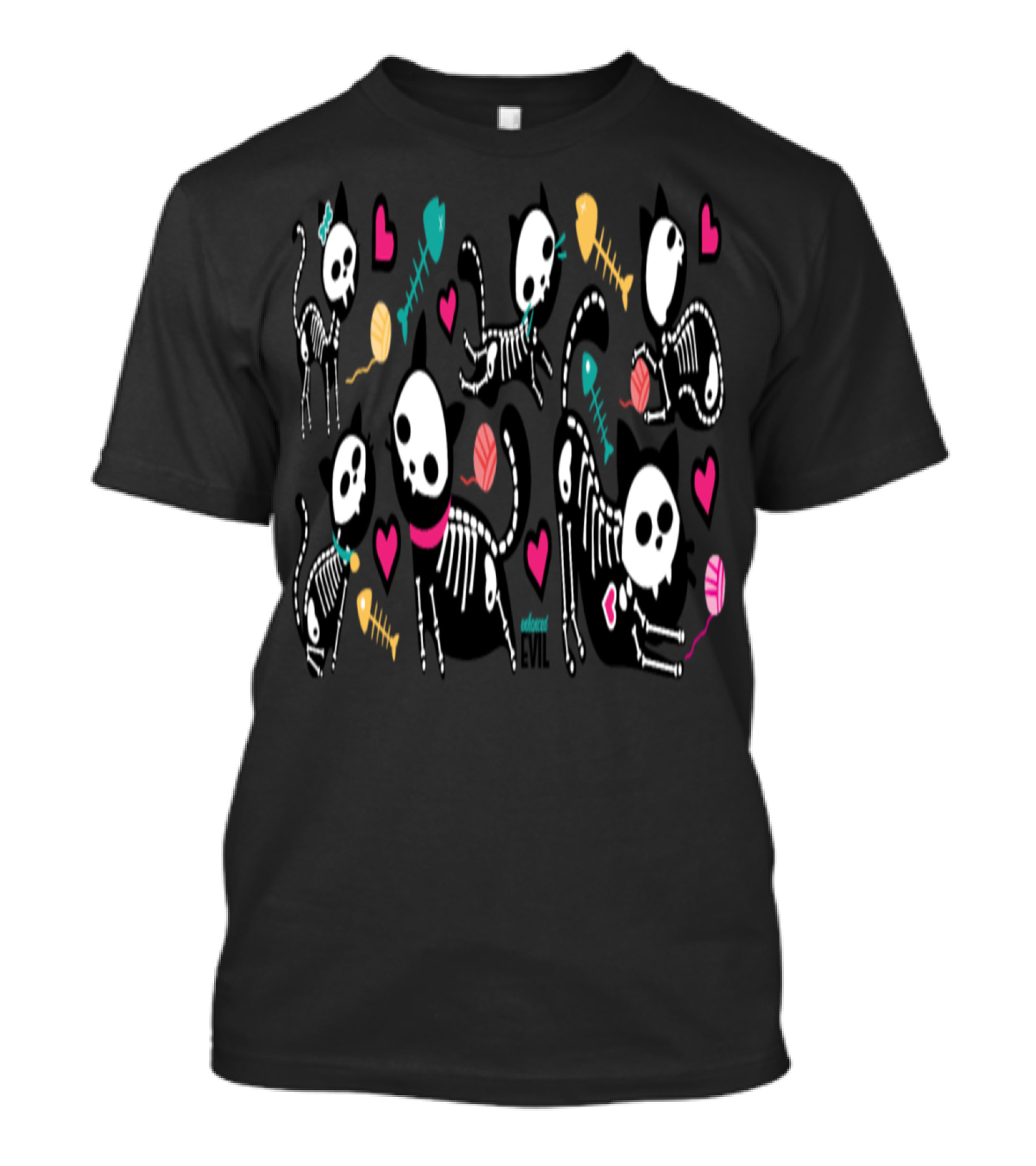 Skeleton Kitties Cute Colors Evil Hearts And Yarn T-Shirt