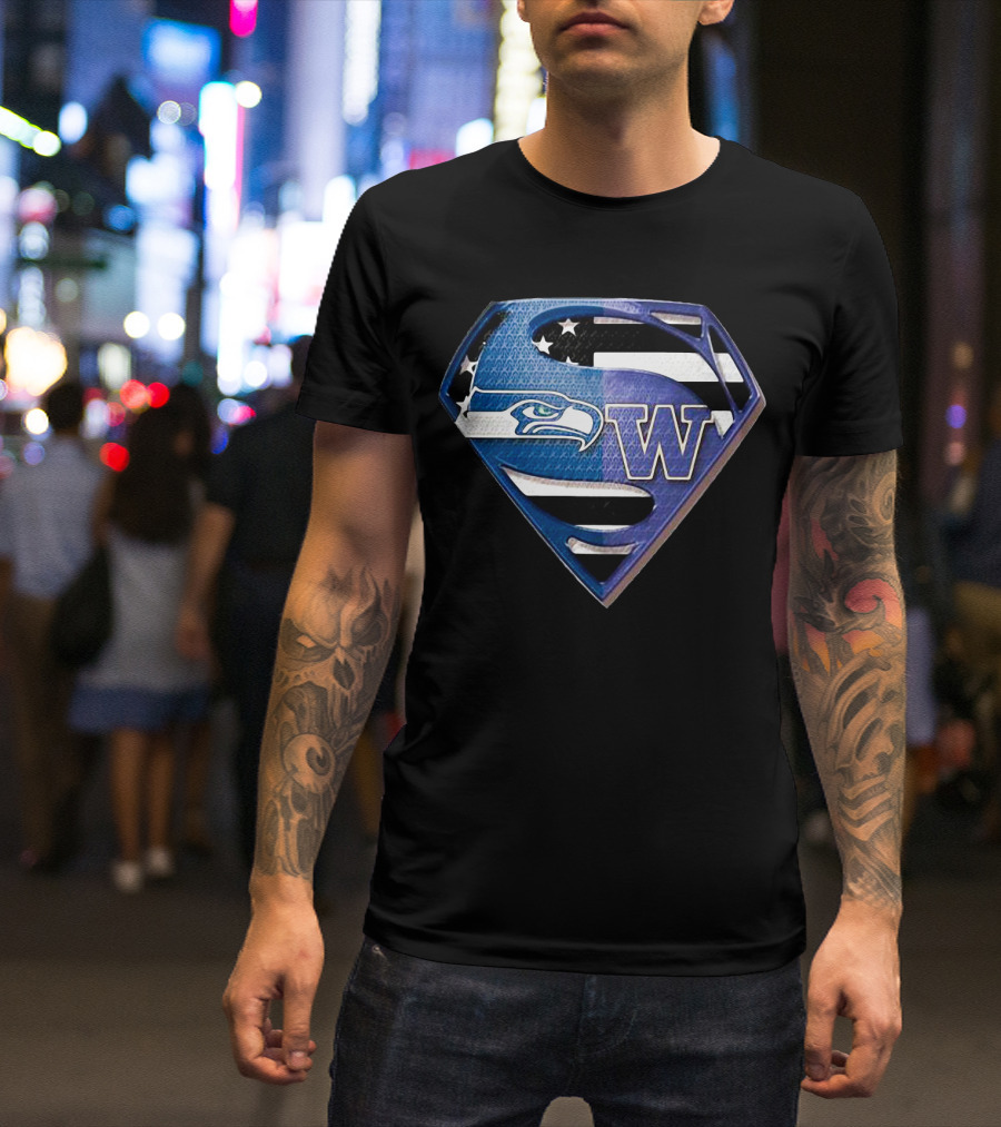 Superman Seattle Seahawks Washington Huskies Logo Combination T-Shirt