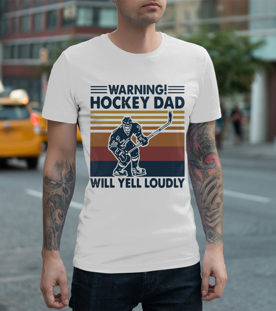 WARNING HOCKEY DAD WILL YELL LOUDLY Vintage Striped Hockey Player T-Shirt
