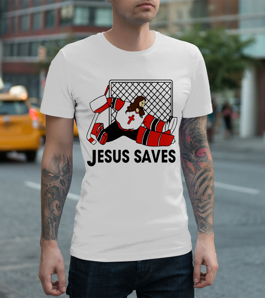 Hockey Jesus Saves Goalkeeper With Cross Motif In Action T-Shirt