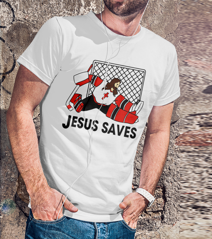 Hockey Jesus Saves Goalkeeper With Cross Motif In Action T-Shirt