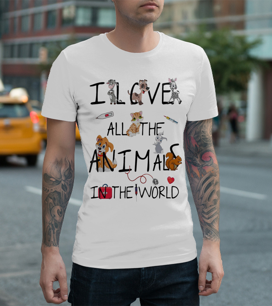 I Love All The Animals In The World Vet Theme With Cute Cartoon Animals And Medical Tools T-Shirt