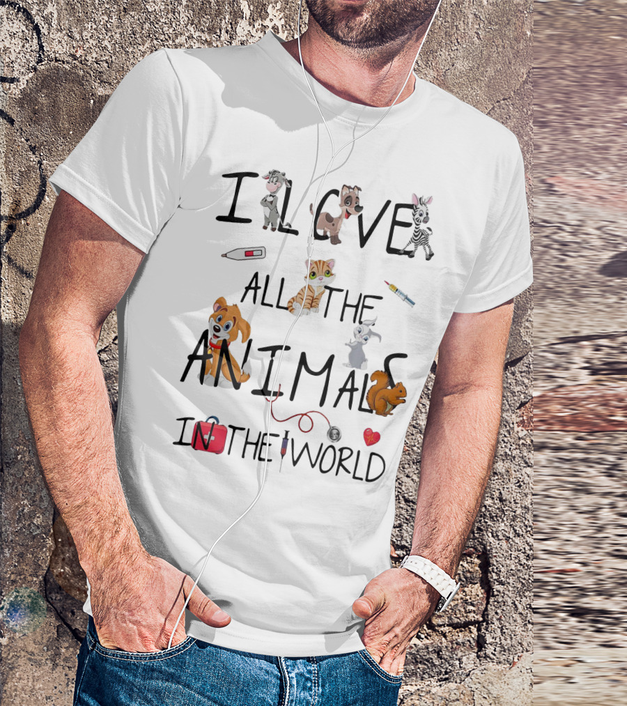 I Love All The Animals In The World Vet Theme With Cute Cartoon Animals And Medical Tools T-Shirt