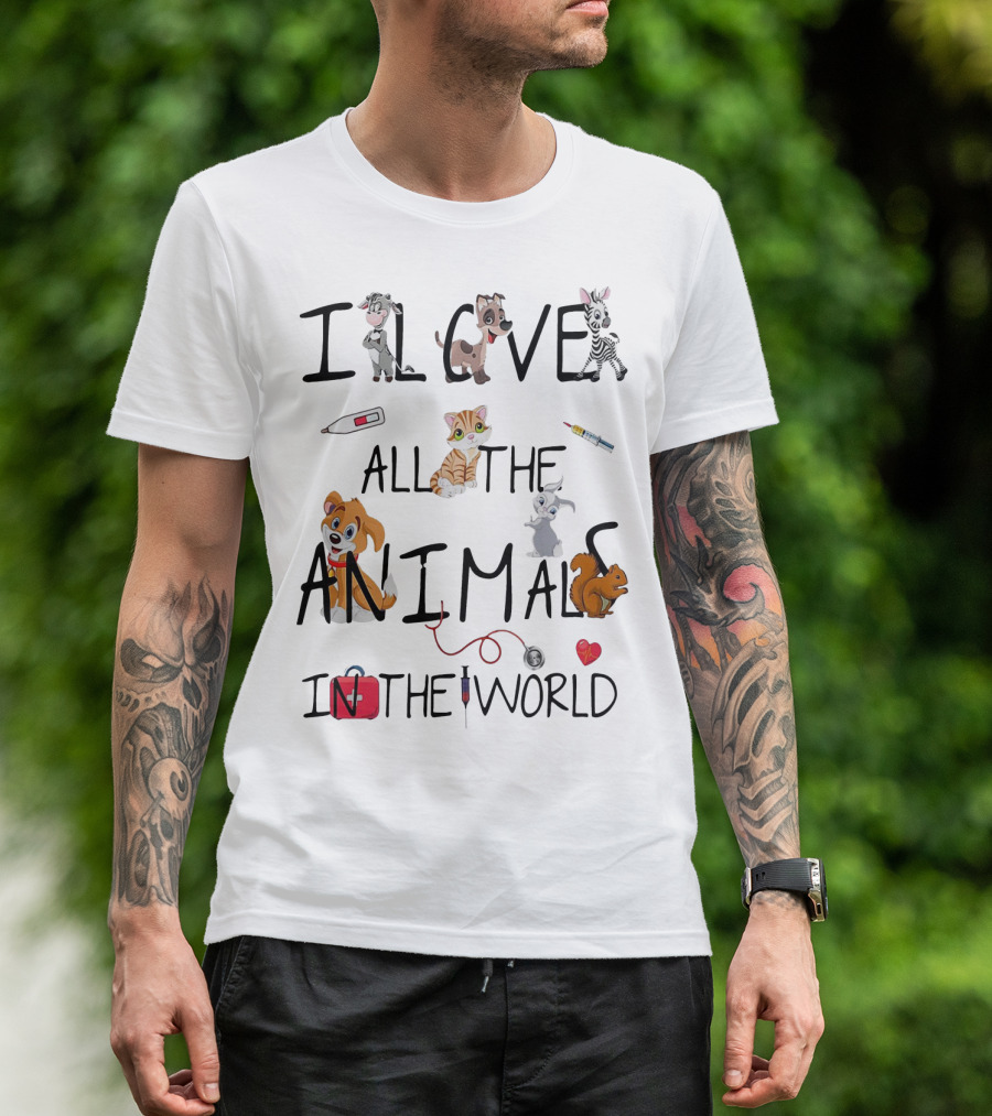 I Love All The Animals In The World Vet Theme With Cute Cartoon Animals And Medical Tools T-Shirt