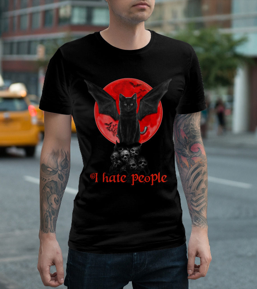 Black Bat Cat I Hate People Red Moon Skulls T-Shirt