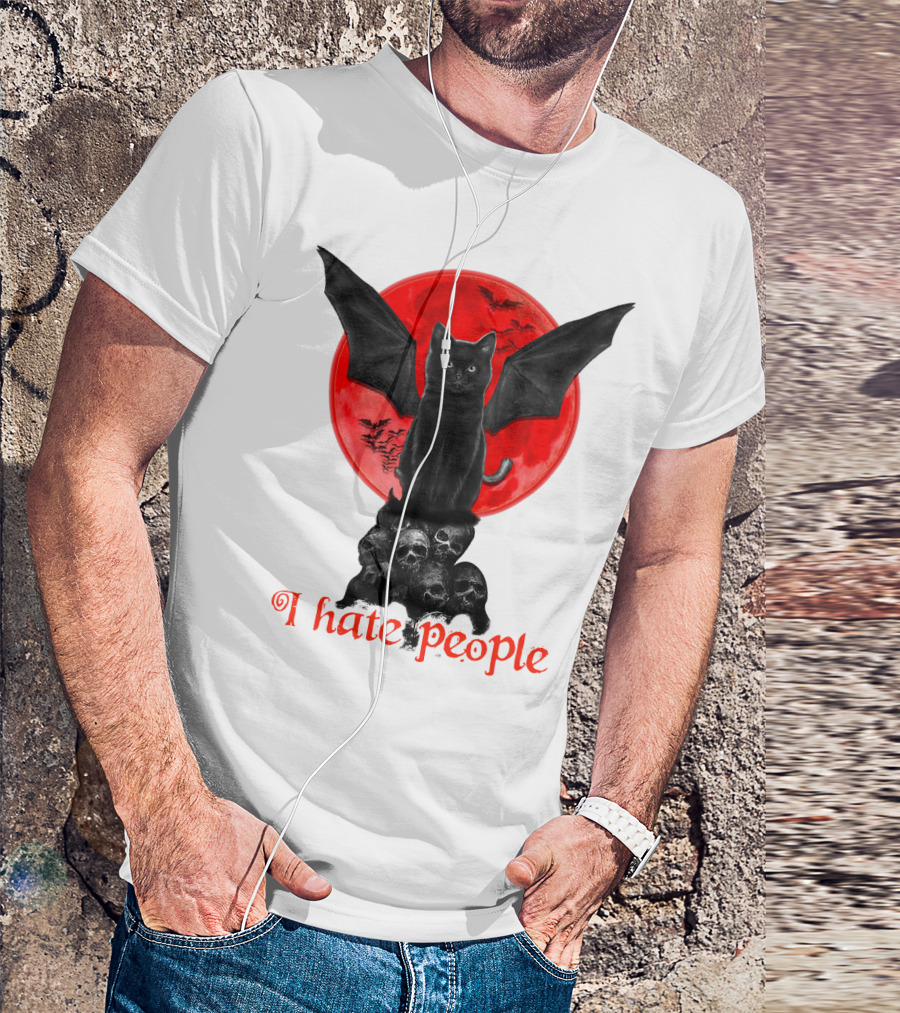 Black Bat Cat I Hate People Red Moon Skulls T-Shirt
