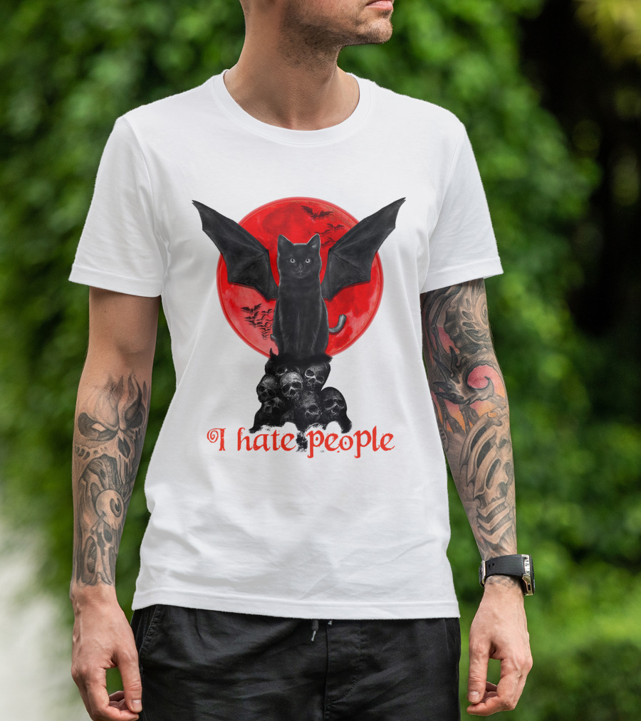 Black Bat Cat I Hate People Red Moon Skulls T-Shirt