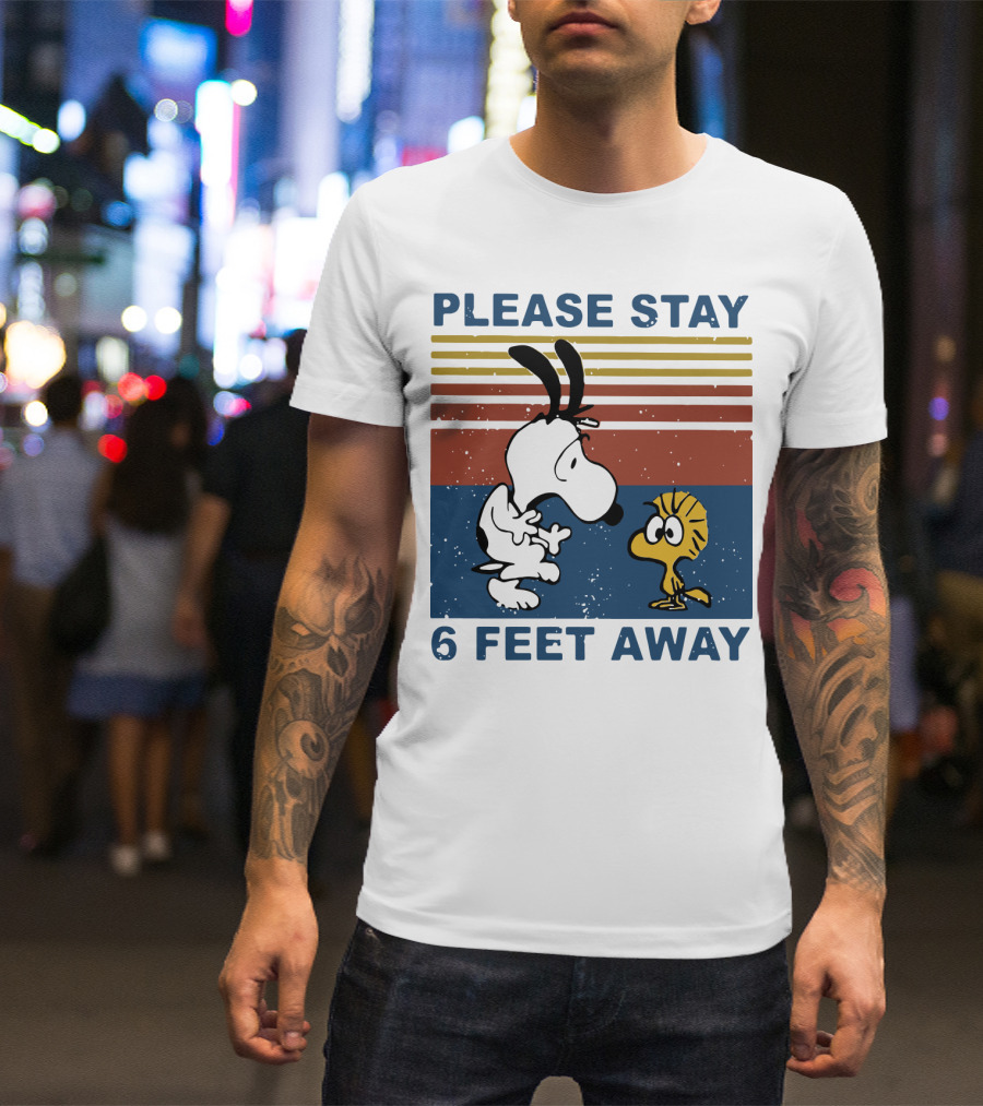 Vintage Please Stay 6 Feet Away Snoopy Woodstock Retro Stripes T-Shirt
