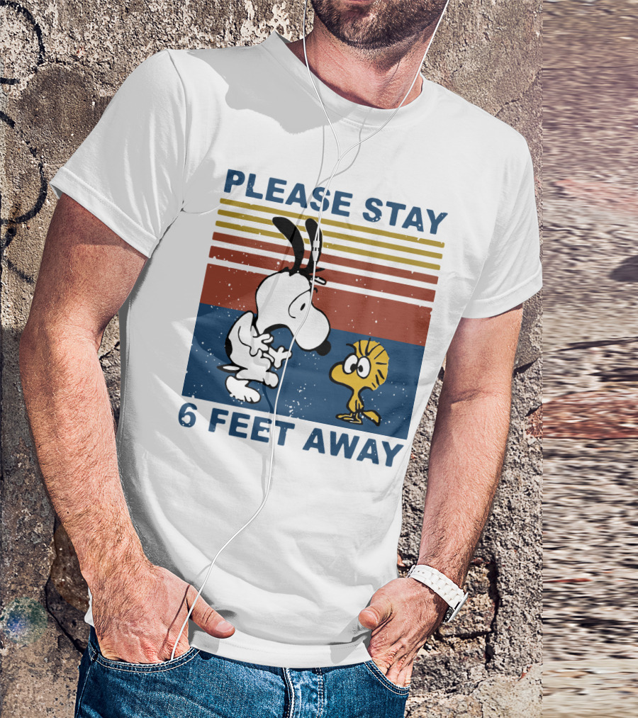 Vintage Please Stay 6 Feet Away Snoopy Woodstock Retro Stripes T-Shirt