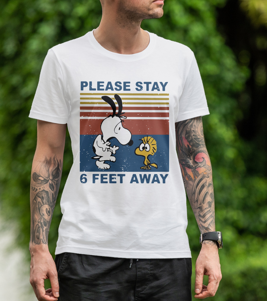 Vintage Please Stay 6 Feet Away Snoopy Woodstock Retro Stripes T-Shirt